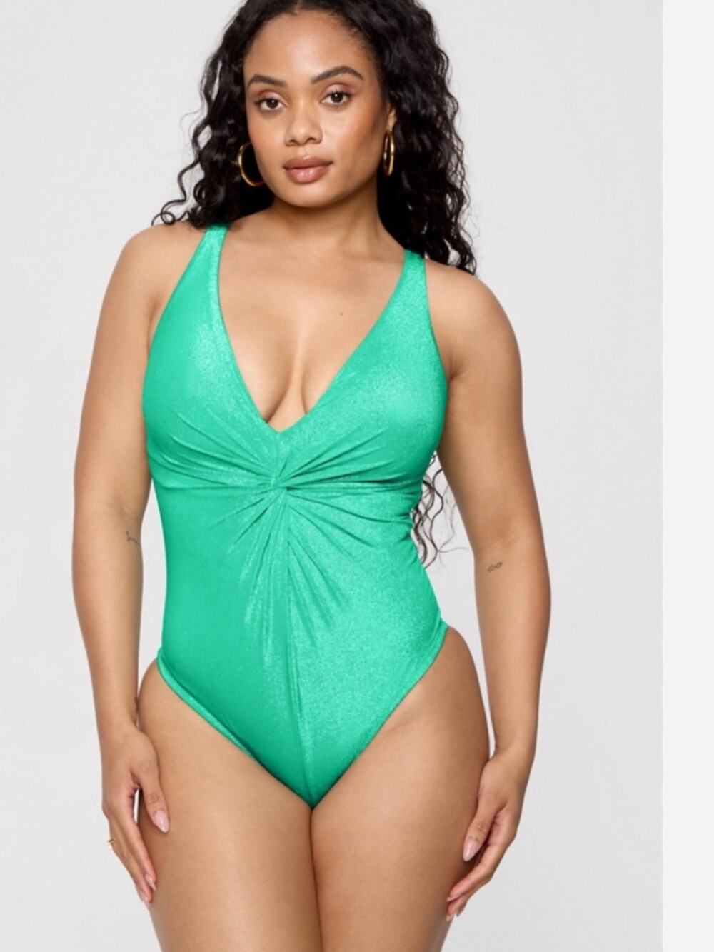 Fabletics Yitty Shaping Swim Luxe Twist Plunge One Piece NWT Jaded Shimmer XS